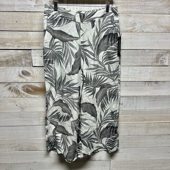 Tahari Pants - Tahari Wide Leg Linen Pants Womens Large Black White Tropical Pull On Resort